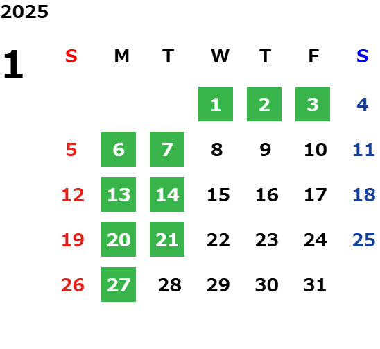 1月営業カレンダー