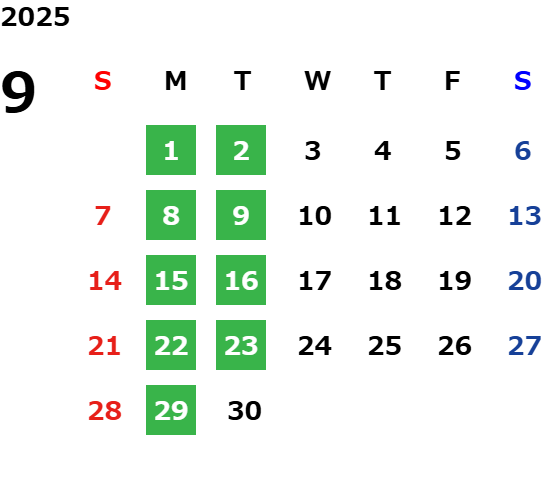 9月営業カレンダー